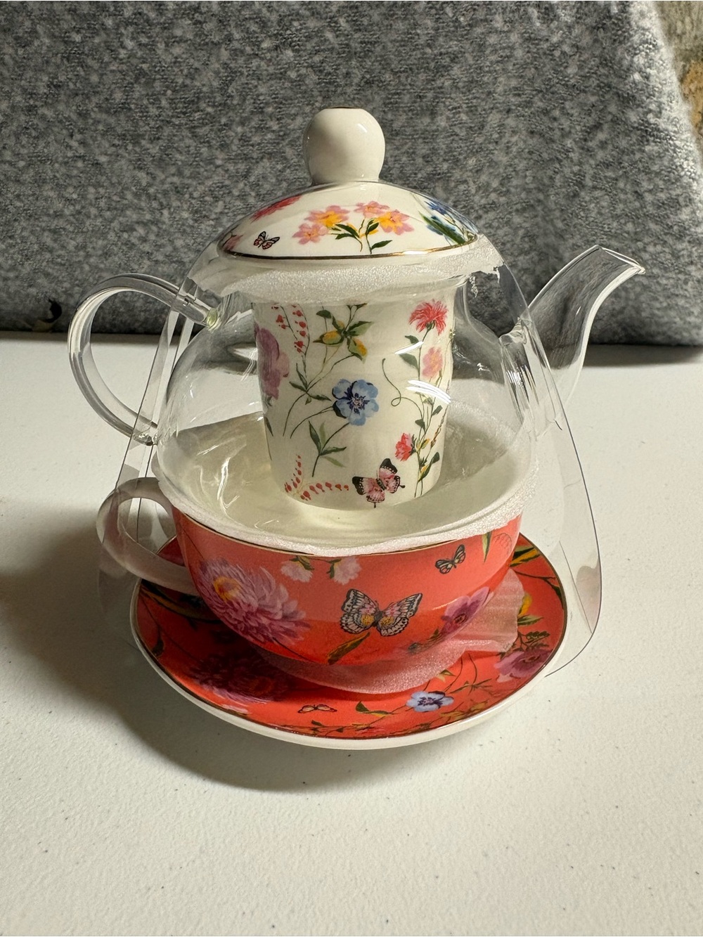 Grace Teaweare Floral Glass Teapot Set with Coral Floral Cup, Saucer & Infuser
